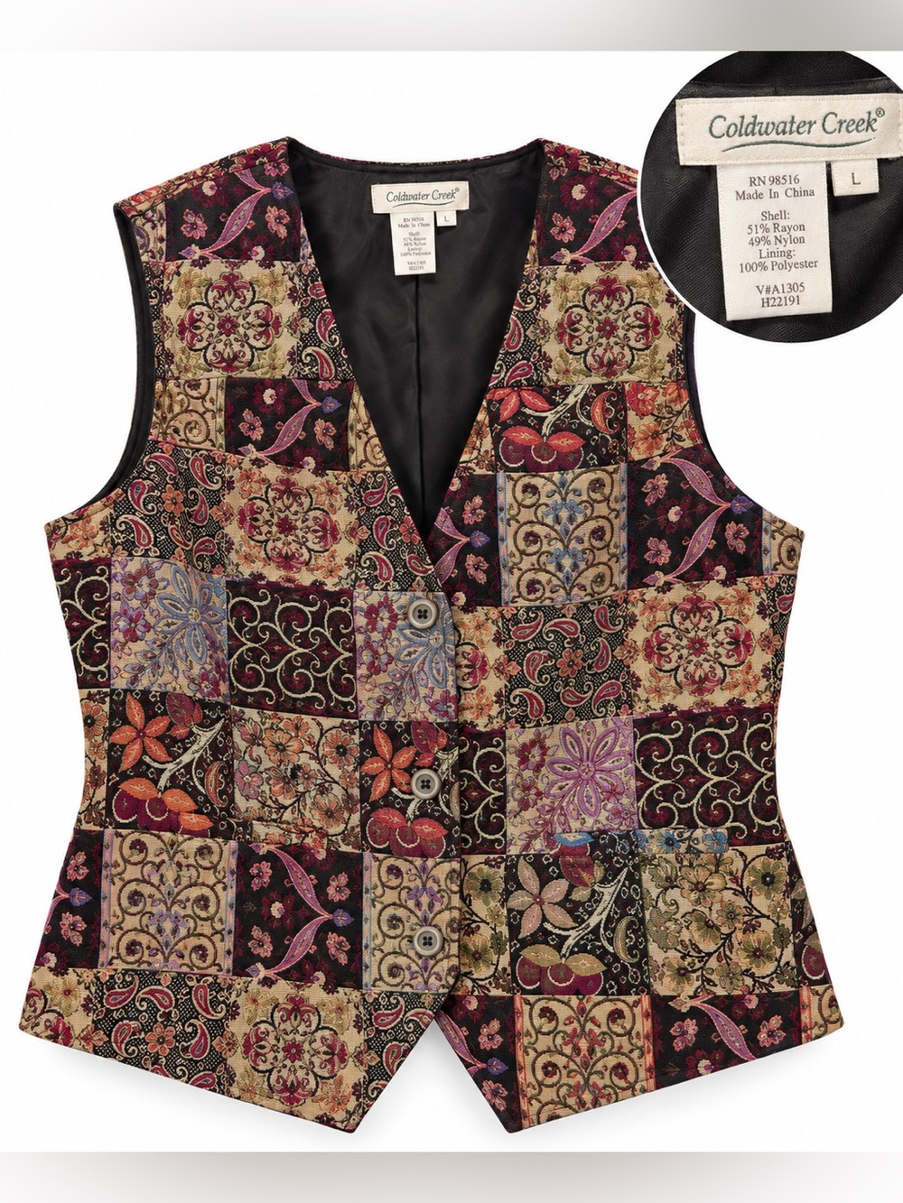 Vintage Coldwater Creek Tapestry Patchwork Vest Boho Paisley Floral L